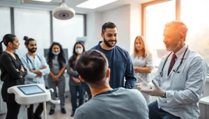 Consultation for hair transplant UK in a modern clinic environment, illustrating patient-surgeon interaction.