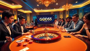 Experience the thrill of online gambling with god55 việt nam in a luxurious casino setting featuring elegant tables and players.