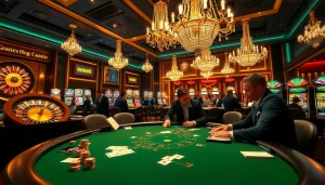 Players enjoying a thrilling poker game at W88 casino, surrounded by vibrant slot machines and roulette wheels.