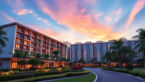 Capture of the luxurious tampines ec executive condominium showcasing modern architecture against a vibrant sunset.