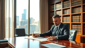 real estate lawyer reviewing property documents in a professional office setting.