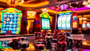 Engaging scene of a slot machine with a $100 bet setup, surrounded by poker chips and casino decor.