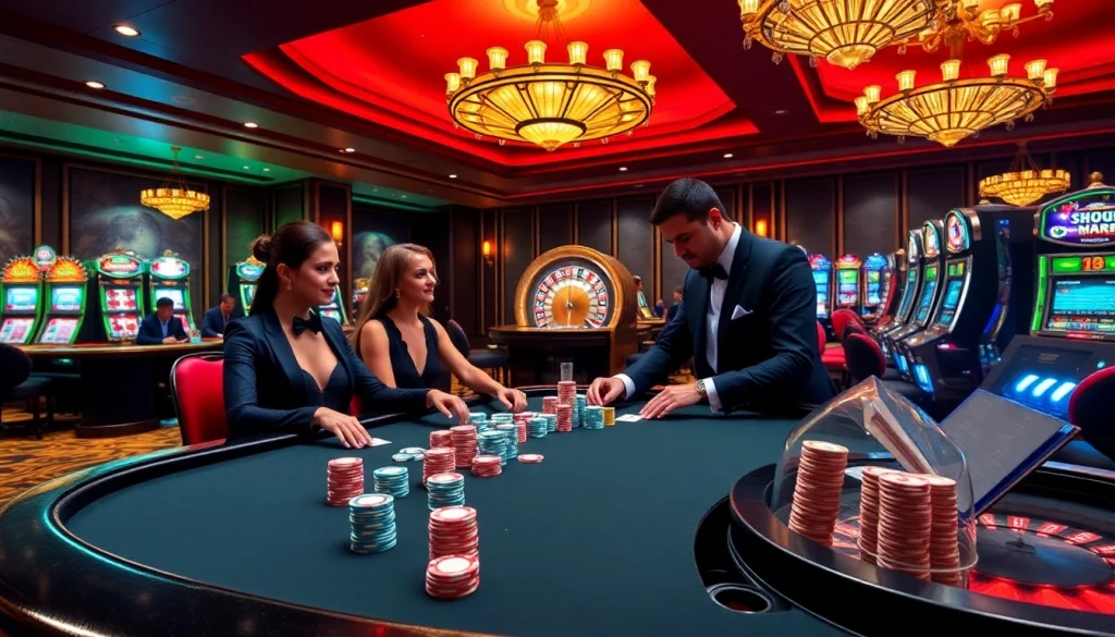 Exciting casino scene at https://lc88tv.com/ with elegant players at a poker table and roulette wheel.