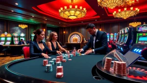 Exciting casino scene at https://lc88tv.com/ with elegant players at a poker table and roulette wheel.