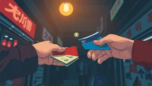 카드깡의 거래를 보여주는 손과 현금의 역동적인 장면