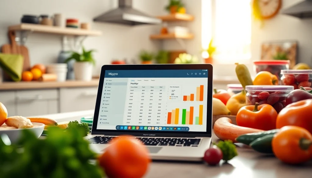 Calculate your daily nutrition needs with the macro calculator on a sleek laptop in a bright kitchen.
