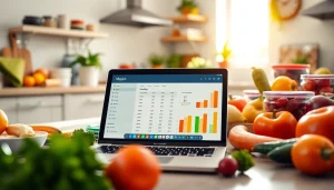 Calculate your daily nutrition needs with the macro calculator on a sleek laptop in a bright kitchen.