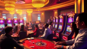 Pemain-pemain bersemangat sambil menikmati permainan Toto Slot yang seru di lingkungan kasino mewah.