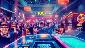Exciting gaming experience at F168.COM with lively players celebrating wins in a vibrant casino atmosphere.