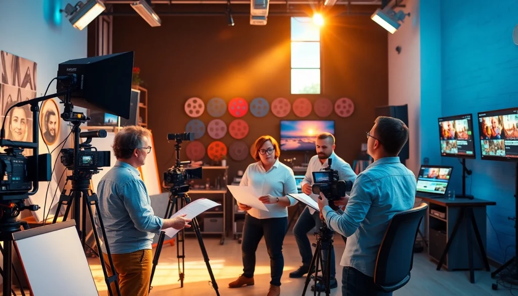 Creative Video Production Agency team collaborating in a bright modern studio with filmmaking tools.