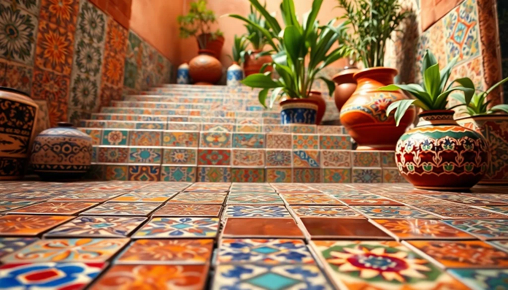 Carreaux zellige disposés avec élégance, mettant en valeur des motifs complexes et des couleurs riches dans un décor marocain.