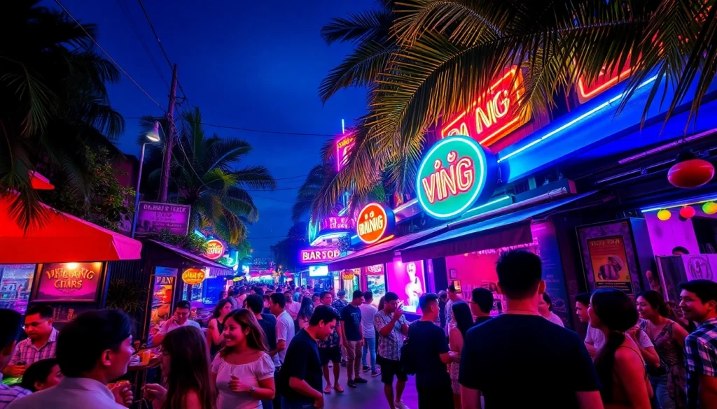Explore the exciting 다낭밤문화 scene with vibrant nightlife, colorful neon lights, and lively crowds.