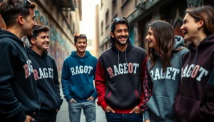 RageOff sweatshirts showcased in an urban scene with stylish young adults.