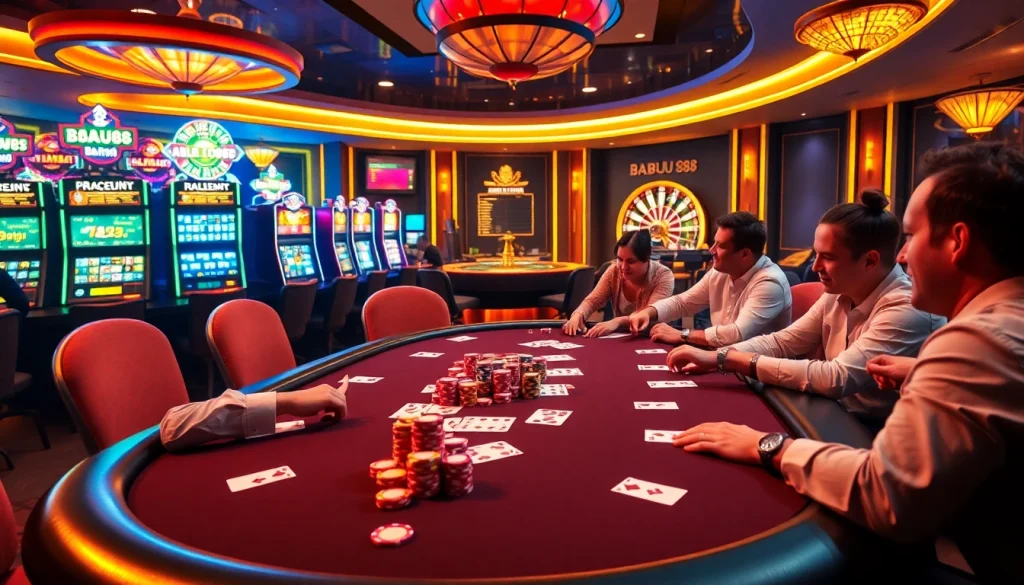 Experience the thrill of Babu88 with players engaged at a luxurious poker table.
