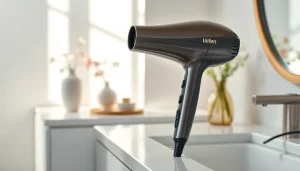 Using the laifen swift premium hair dryer on a stylish vanity with fresh flowers.