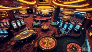 Exciting gameplay at Nhà cái F8BET's luxurious casino with vibrant slot machines and poker tables.