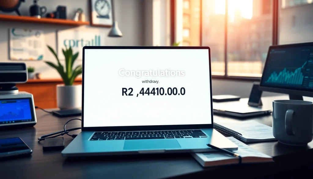 Successful financial transaction confirmation related to BOX138 withdrawal of Rp 2.424.000,00 in a modern workspace.