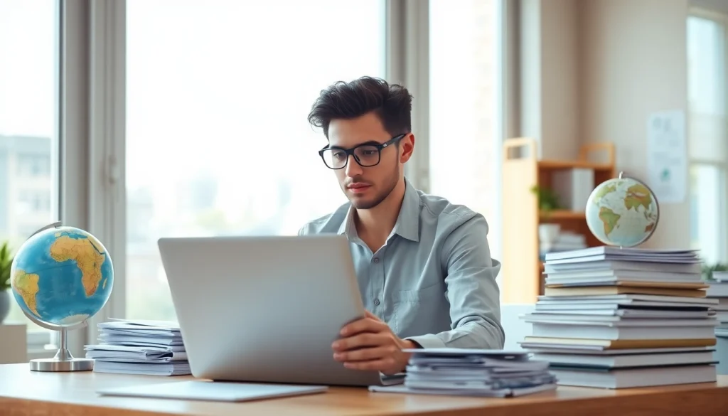 Professional translator working on tradução juramentada in a modern office with documents and translation tools.