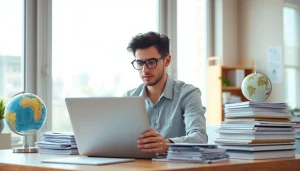Professional translator working on tradução juramentada in a modern office with documents and translation tools.