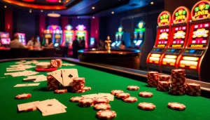 Candid gamblers taking action at nhà cái Jun88 with vibrant casino tables and slot machines.