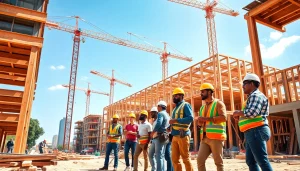 Capture showcasing Austin construction with diverse workers collaborating on a vibrant building site.