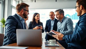 Analyze competitive intelligence with a professional team in an engaging office setting.