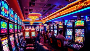 Menampilkan slot depo 1k pada mesin slot penuh warna dengan pemain yang antusias.