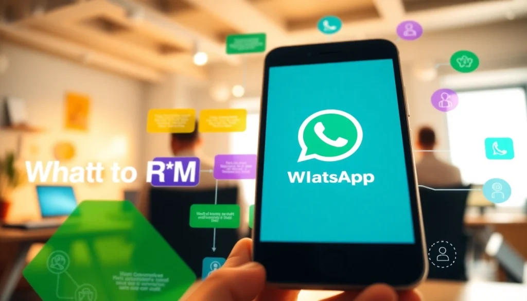 Illustration explaining What is a CRM for WhatsApp with smartphone and customer interaction icons.