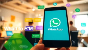 Illustration explaining What is a CRM for WhatsApp with smartphone and customer interaction icons.