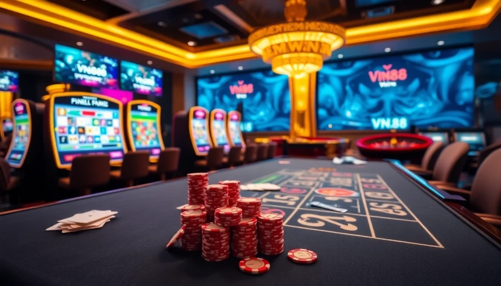 Experience thrilling gameplay at VN88's luxurious casino scene with vibrant slot machines and poker tables.