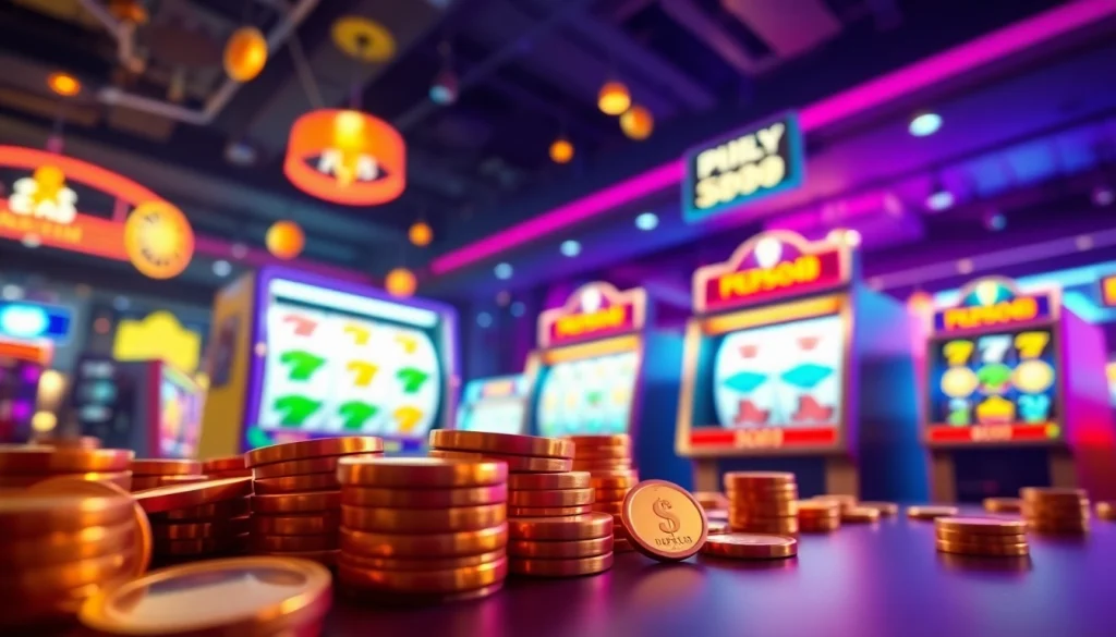 Tampilkan perosti slot depo 5000 di antarmuka kasino online modern dengan koin dan simbol pembayaran elektronik.