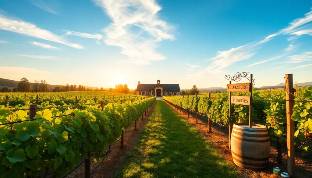 Experience Clarksburg wineries with picturesque vineyards under a golden sunset.