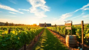 Experience Clarksburg wineries with picturesque vineyards under a golden sunset.