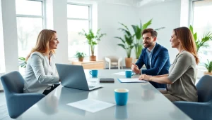 Engaged clients receiving business coaching service in a modern office setting.