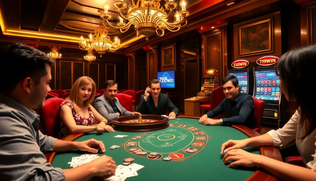 Players engaging in a high-stakes game using the 789win app at a luxurious casino setting.