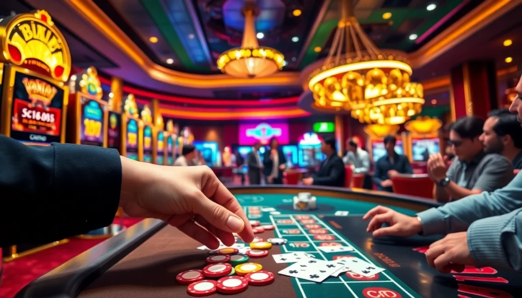 Players engaging with vibrant casino scenes at 389WIN, showcasing excitement and tension in gambling.