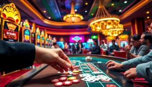 Players engaging with vibrant casino scenes at 389WIN, showcasing excitement and tension in gambling.