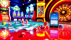 Engage with the thrilling world of 상품권소액결제 at a luxurious casino, featuring vibrant gaming tables.