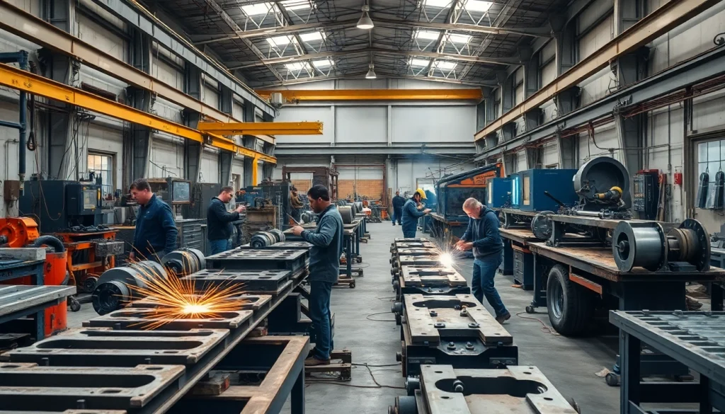 View of a steel fabrication shop showcasing skilled workers and advanced machinery in action.