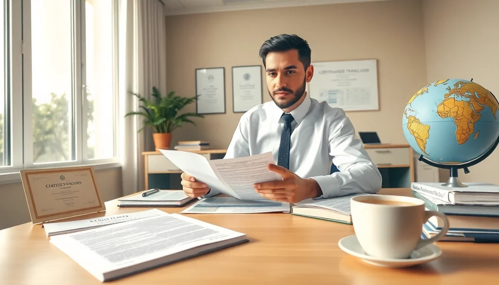 Traducteur certifié au travail, se concentrant sur les traductions portugaises, démontrant le professionnalisme et la précision.