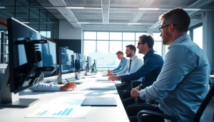 Analyze competitive intelligence data in a modern office with professionals collaborating.