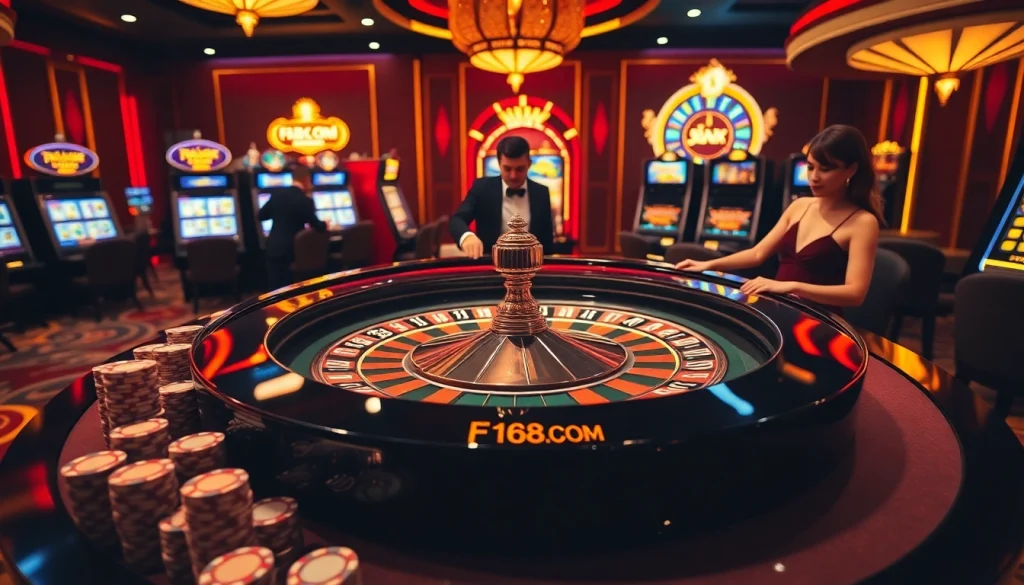 Experience the thrill of F168.COM with vibrant casino games and excited players at the roulette table.