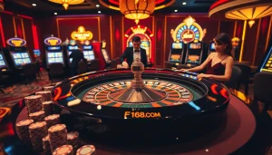 Experience the thrill of F168.COM with vibrant casino games and excited players at the roulette table.