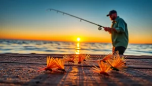 Angler engaged in saltwater fly fishing at sunrise, showcasing colorful flies and tranquil ocean.