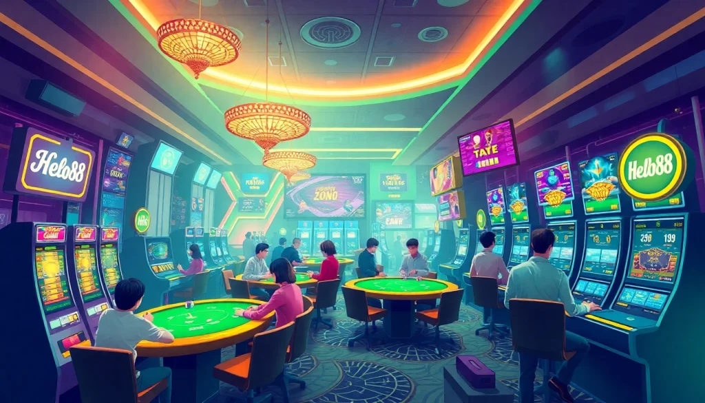 Hello88 online gambling scene with players at a lively casino, showcasing poker and slot machines.