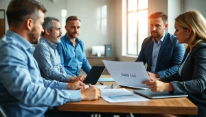 DAS 142 form discussion in a professional setting among contractors.