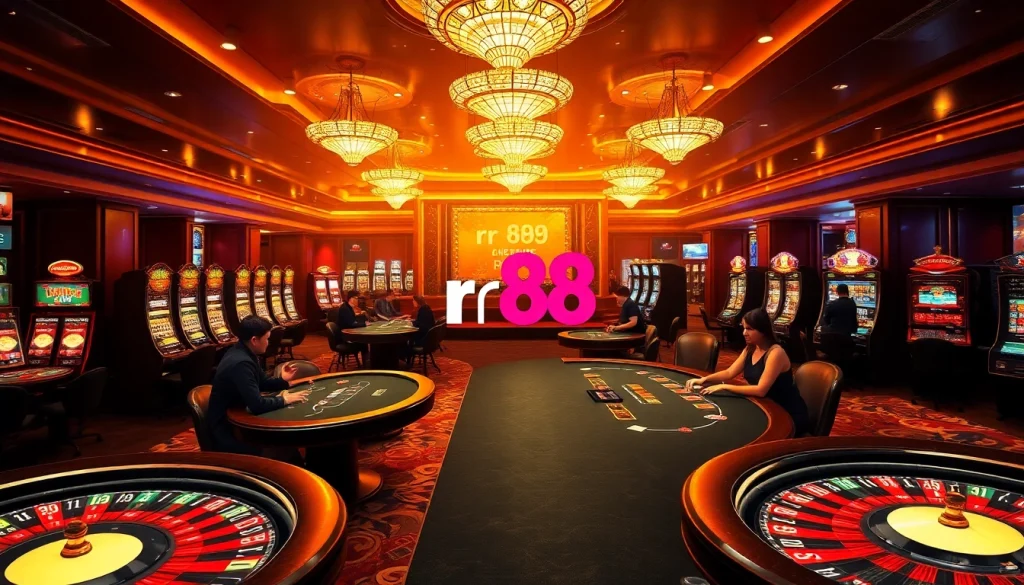 A dynamic gaming environment showcasing rr 88 with players at poker tables and vibrant slot machines.