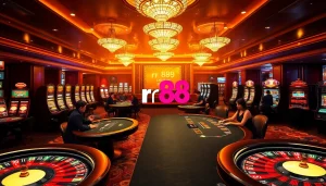 A dynamic gaming environment showcasing rr 88 with players at poker tables and vibrant slot machines.