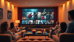filme online subtitrate in a cozy home theater setup with a large screen displaying diverse movie scenes