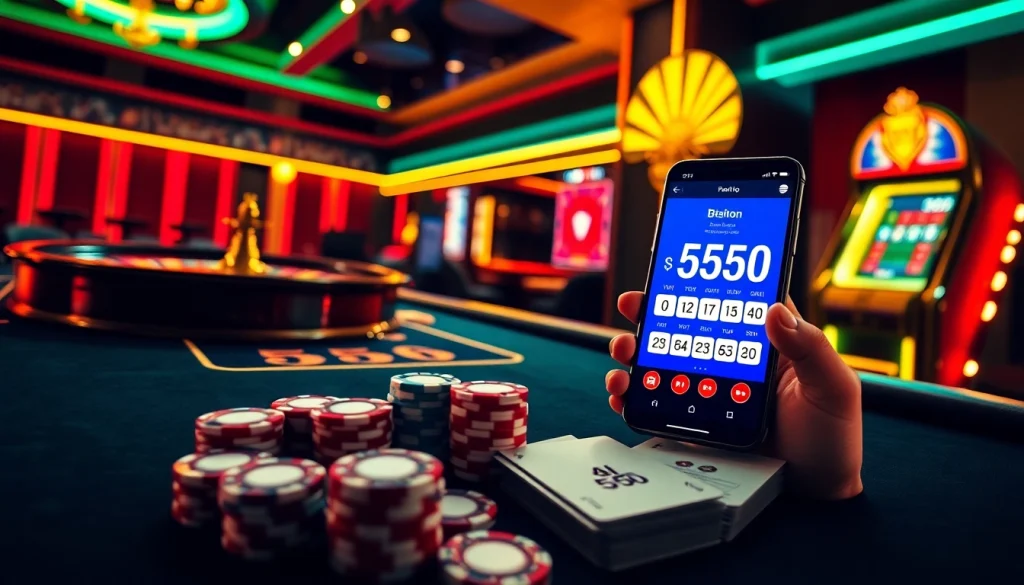 Experience the excitement of online gambling on bl-555.io with a vivid casino scene filled with poker chips and a roulette wheel.